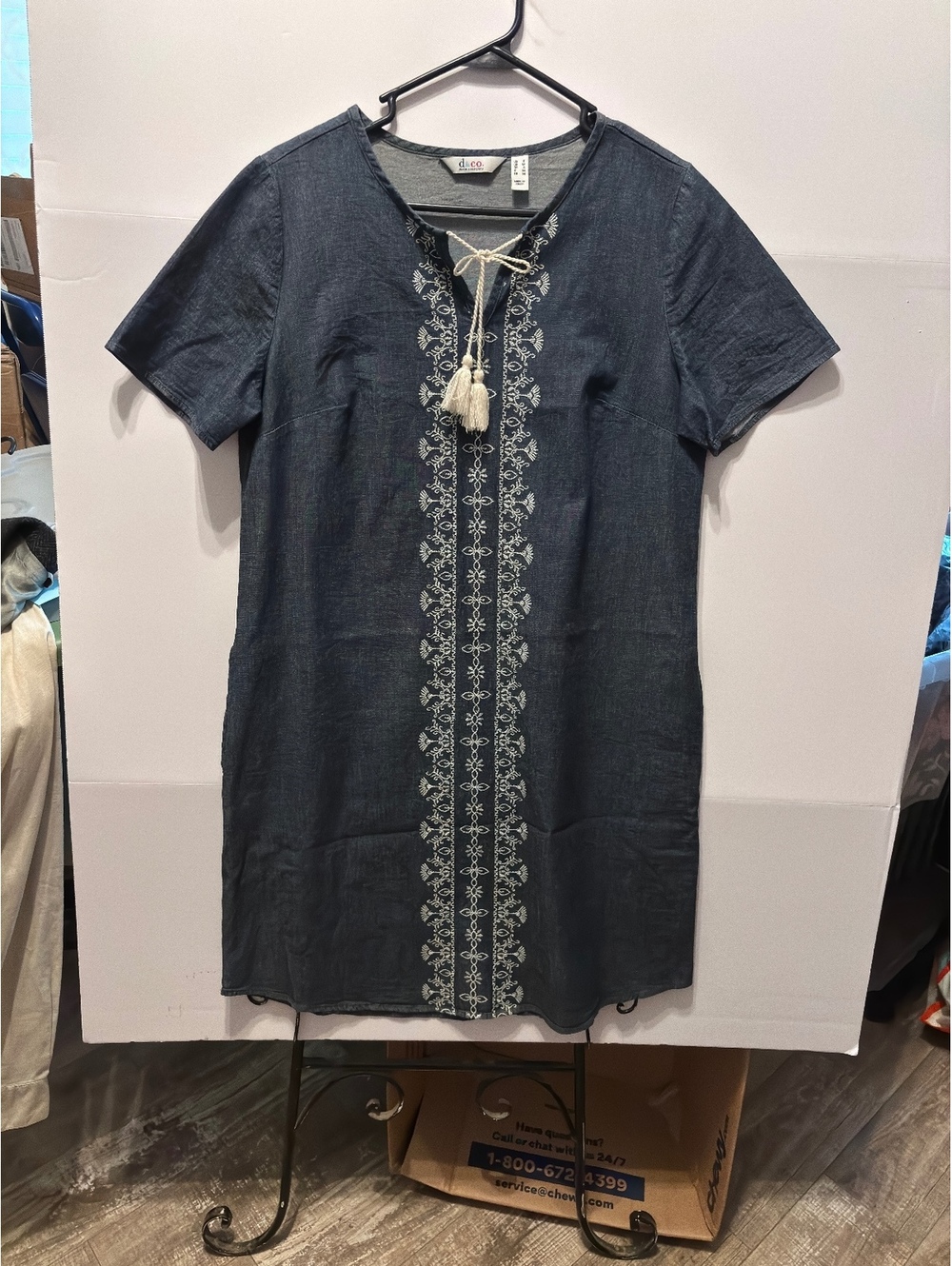 Womens chambray embroidered short sleeve shift dress